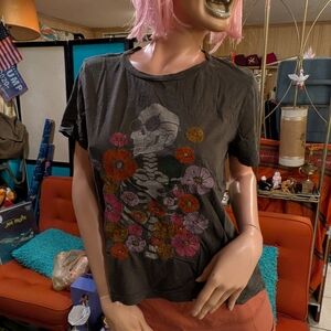 Lucky Brand Charcoal Tee with Skull and Floral Print